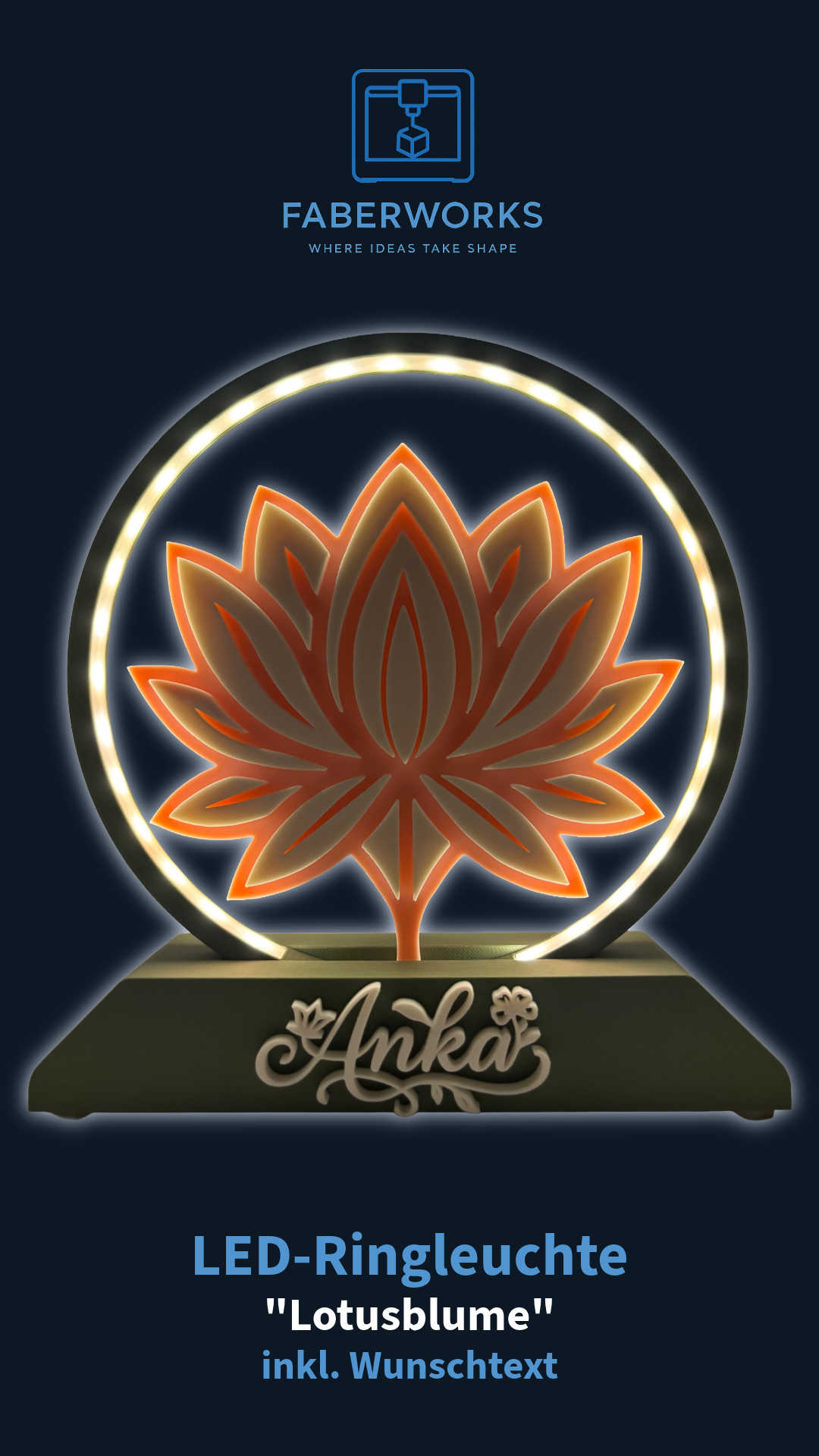 LED-Ringleuchte „Lotusblume“ inkl. Wunschtext - 3D-gedruckt